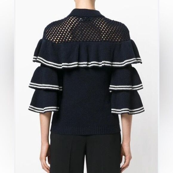 New Self-Portrait STRIPED FRILL SWEATER NAVY Wool Jumper Small - Picture 7 of 16